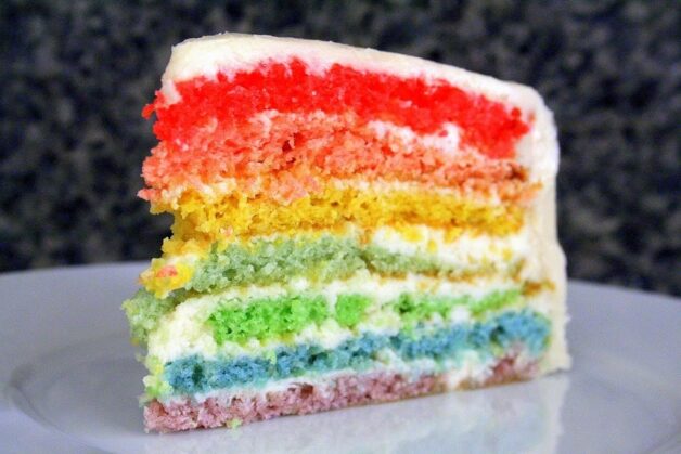 Colorful and fun easy rainbow cake with 7 different colors!