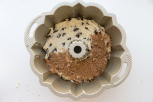 chocolate chip coffee cake batter in bundt pan