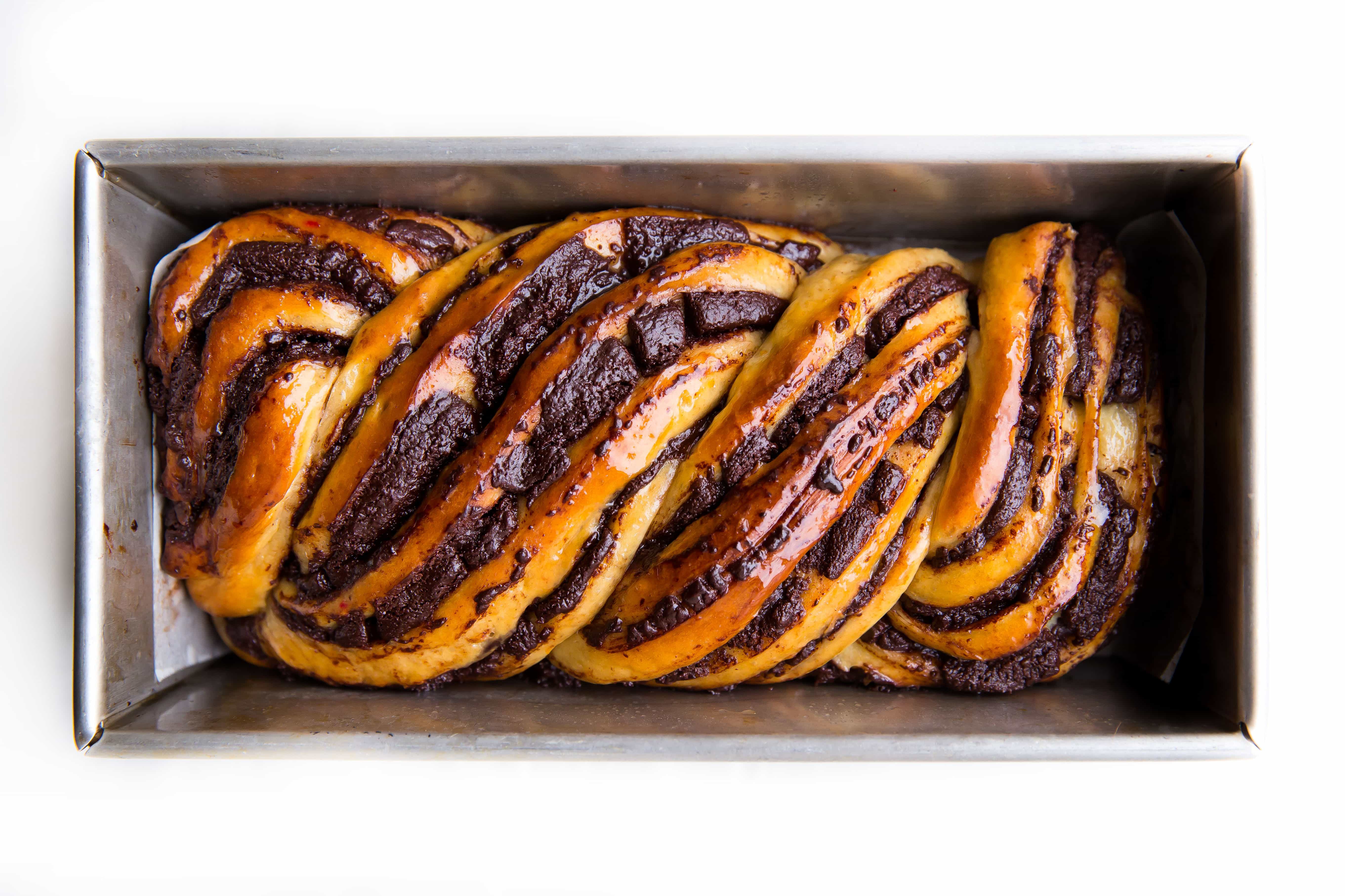 chocolate babka in loaf pan