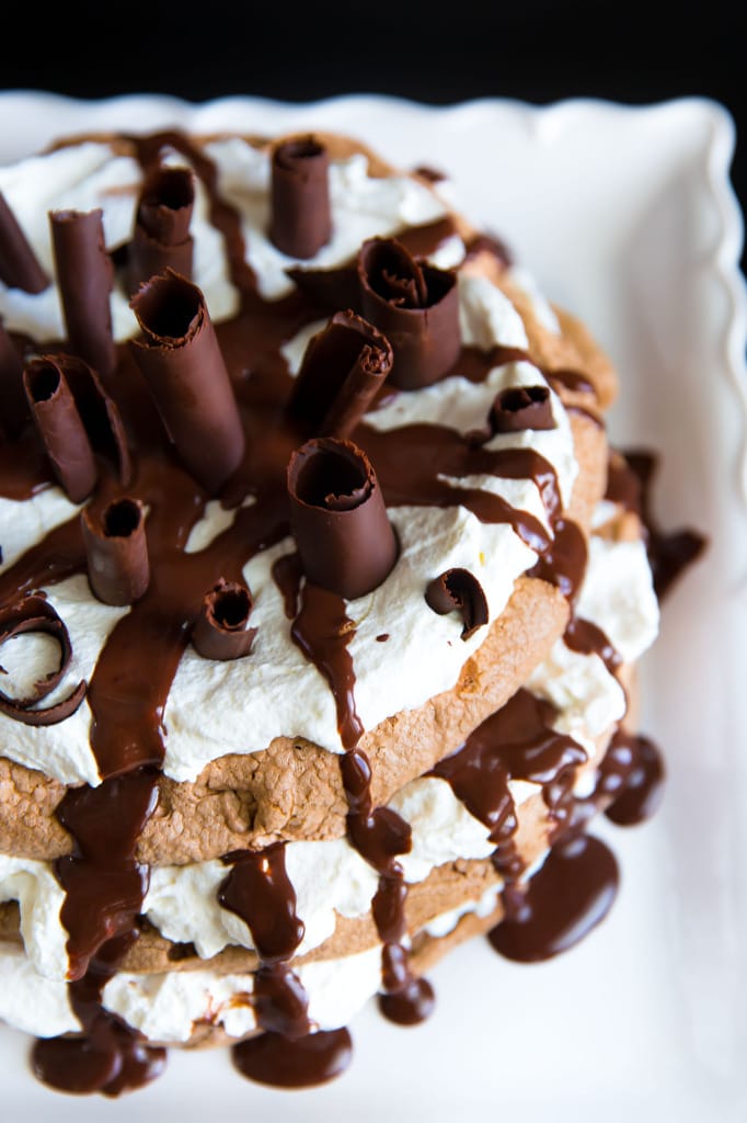 Chocolate Pavlova Cake with chocolate shavings