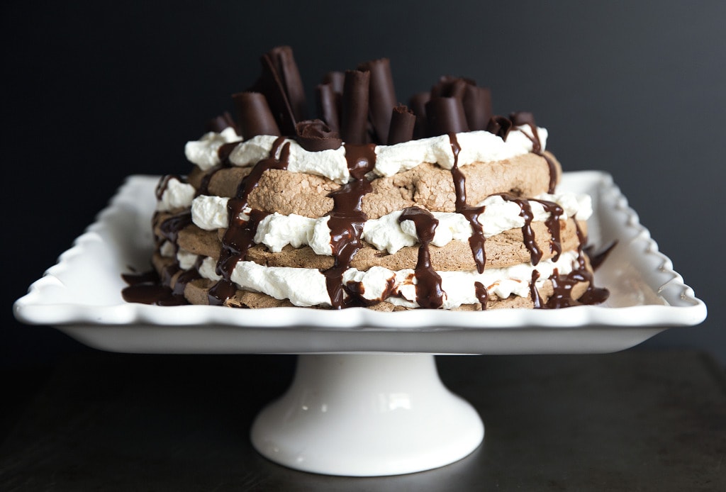 Chocolate Pavlova Cake on cake stand