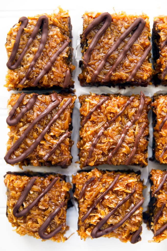 samoa brownies with chocolate drizzled on top