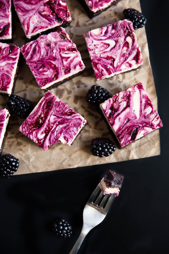 Blackberry cheesecake brownies with a fork