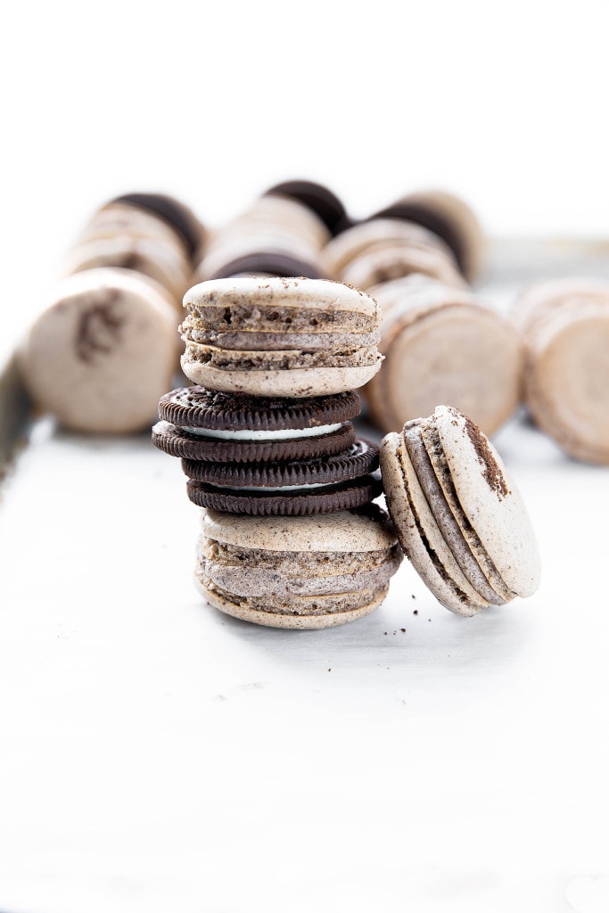 cookies and cream macarons in a stack