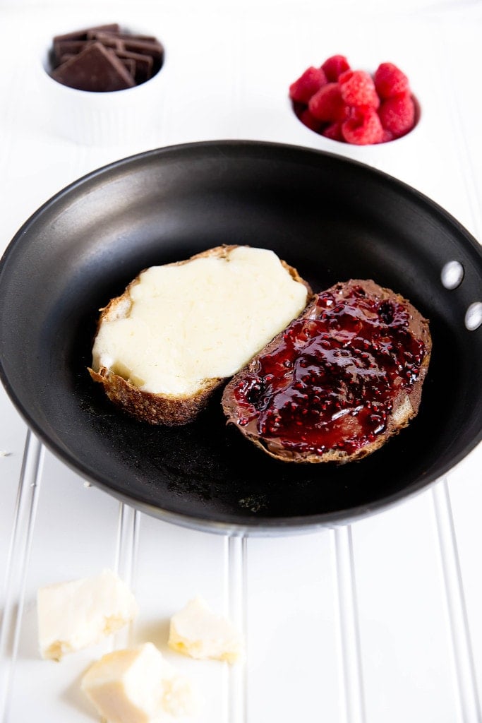 Nutty Havarti cheese is paired with Nutella and raspberry jam to make the tastiest grilled cheese I've ever had!