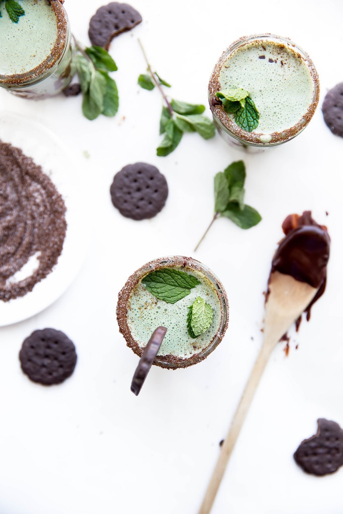 A Thin Mint Milkshake made with fresh mint, Thin Mint cookies, and vanilla ice cream. Perfect for St. Patty's Day!