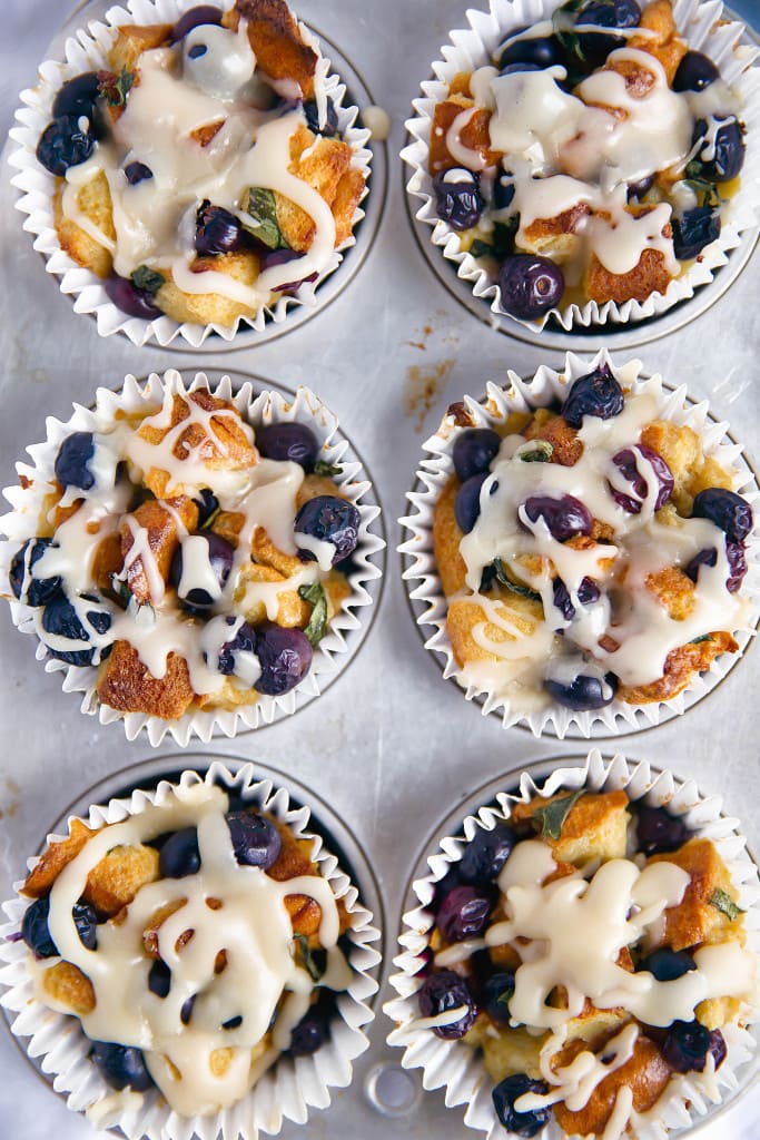 Basil Blueberry French Toast Cups in a muffin tin