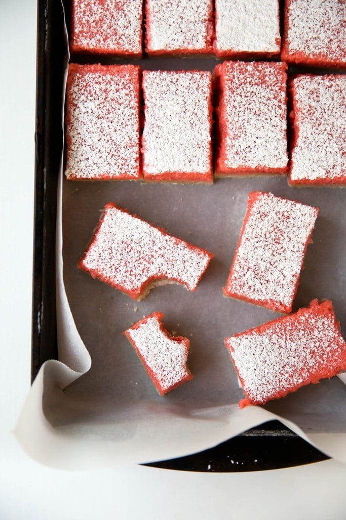 sliced Rhubarb Bars in a pan
