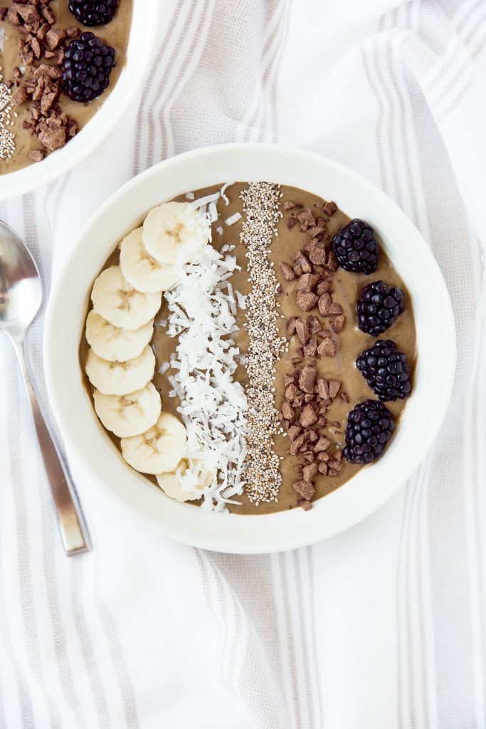 chocolate smoothie bowl with toppings