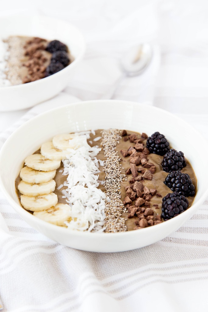 chocolate smoothie bowl in a white bowl