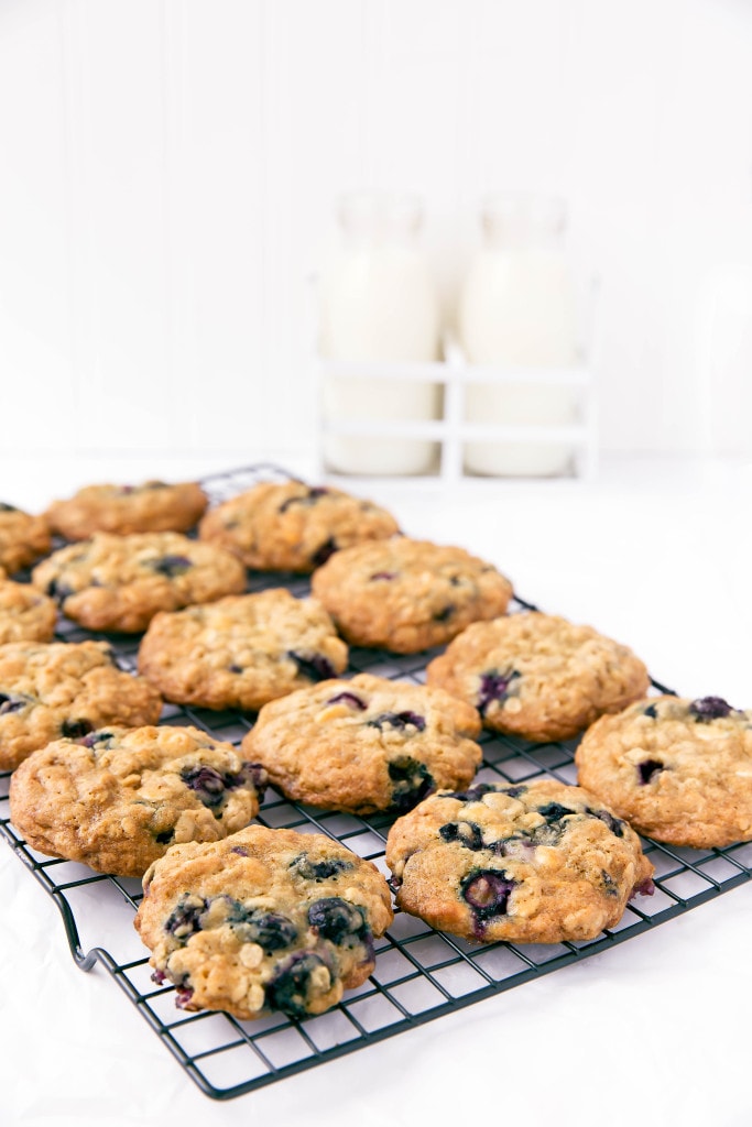 white chocolate blueberry oatmeal cookies with milk