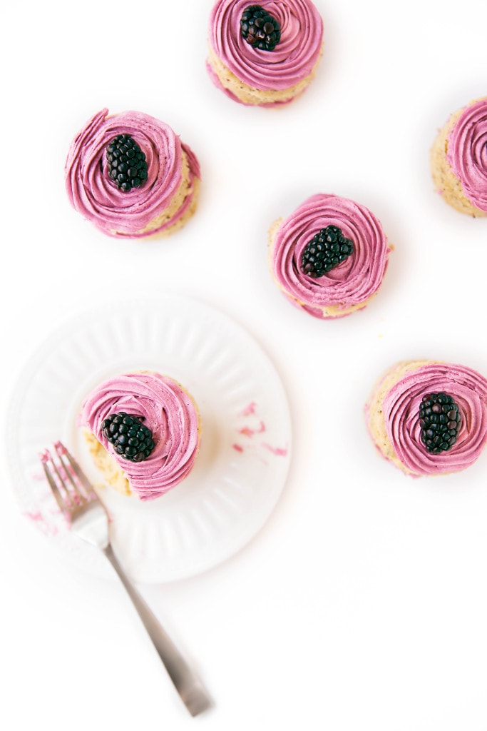 Scrumptious earl grey-infused cakes topped with a roasted blackberry buttercream
