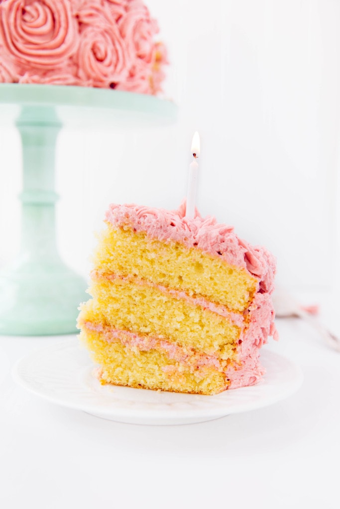 slice of Almond Strawberry Cake with Strawberry Buttercream
