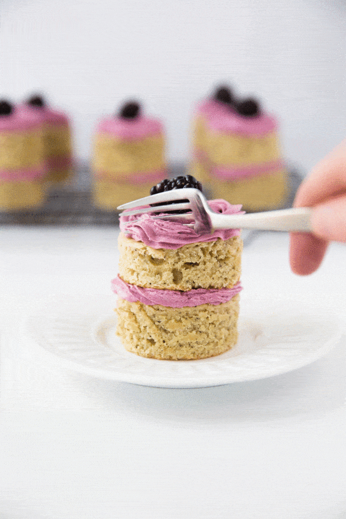 Scrumptious earl grey-infused cakes topped with a roasted blackberry buttercream
