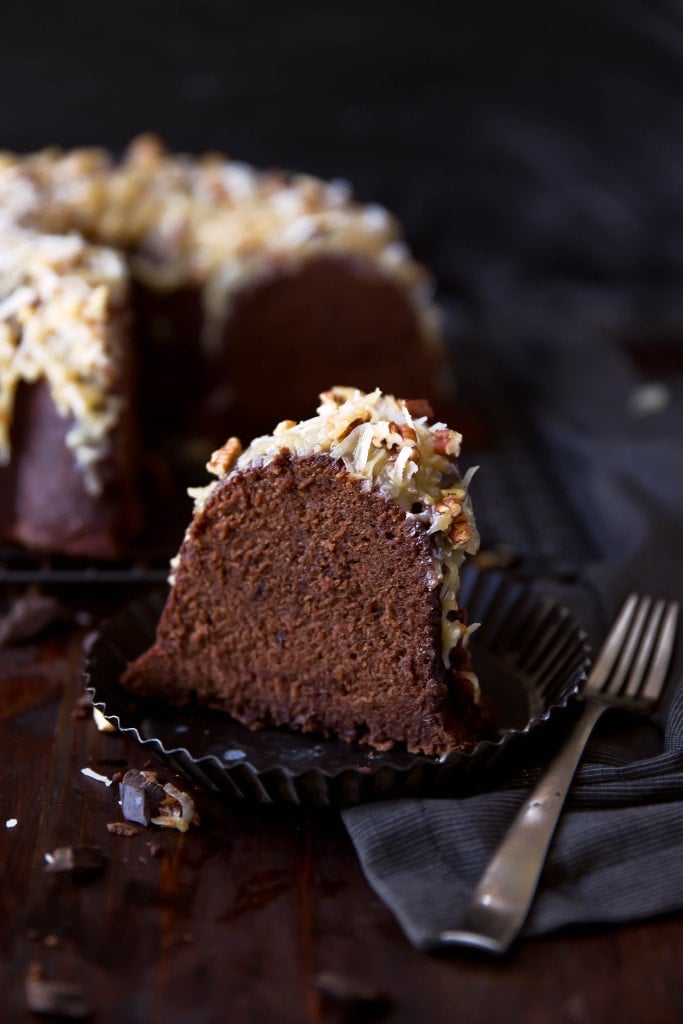 German Chocolate Pound Cake: a rich, brownie-like chocolate cake topped with gooey coconut pecan frosting!