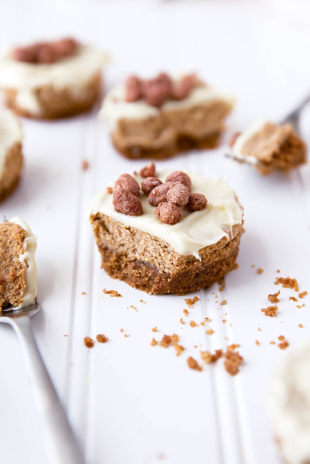 Mini pumpkin spice cheesecakes topped with a white chocolate ganache and cinnamon candied peanuts!