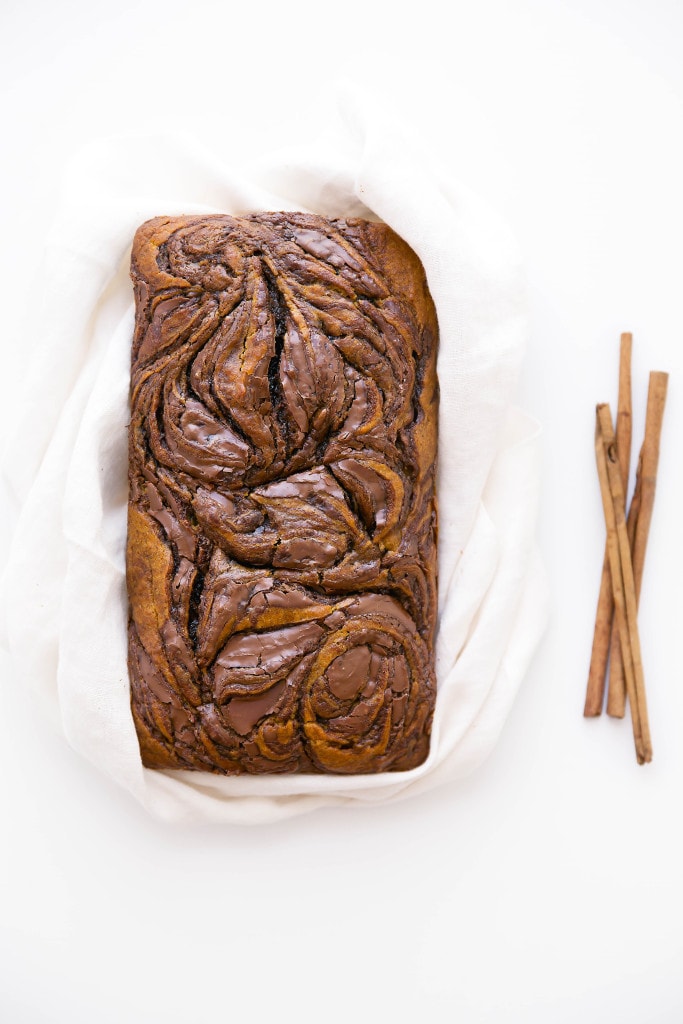 An epic spiced pumpkin bread swirled with thick ribbons of Nutella. One bite and you're in pumpkin heaven.