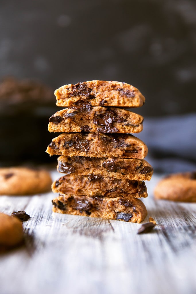 pumpkin chocolate chip cookies in a stack