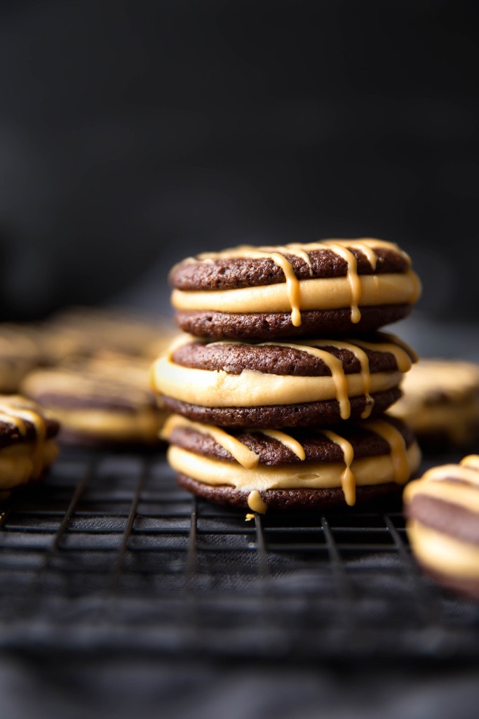 Dark Chocolate Peanut Butter Sandwich Cookies: a fluffy peanut butter frosting sandwiched between two brownie-like cookies.