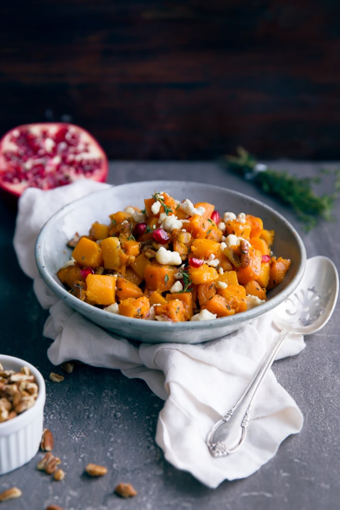 Roasted Butternut Squash with Gorgonzola, Pecans, and Pomegranate