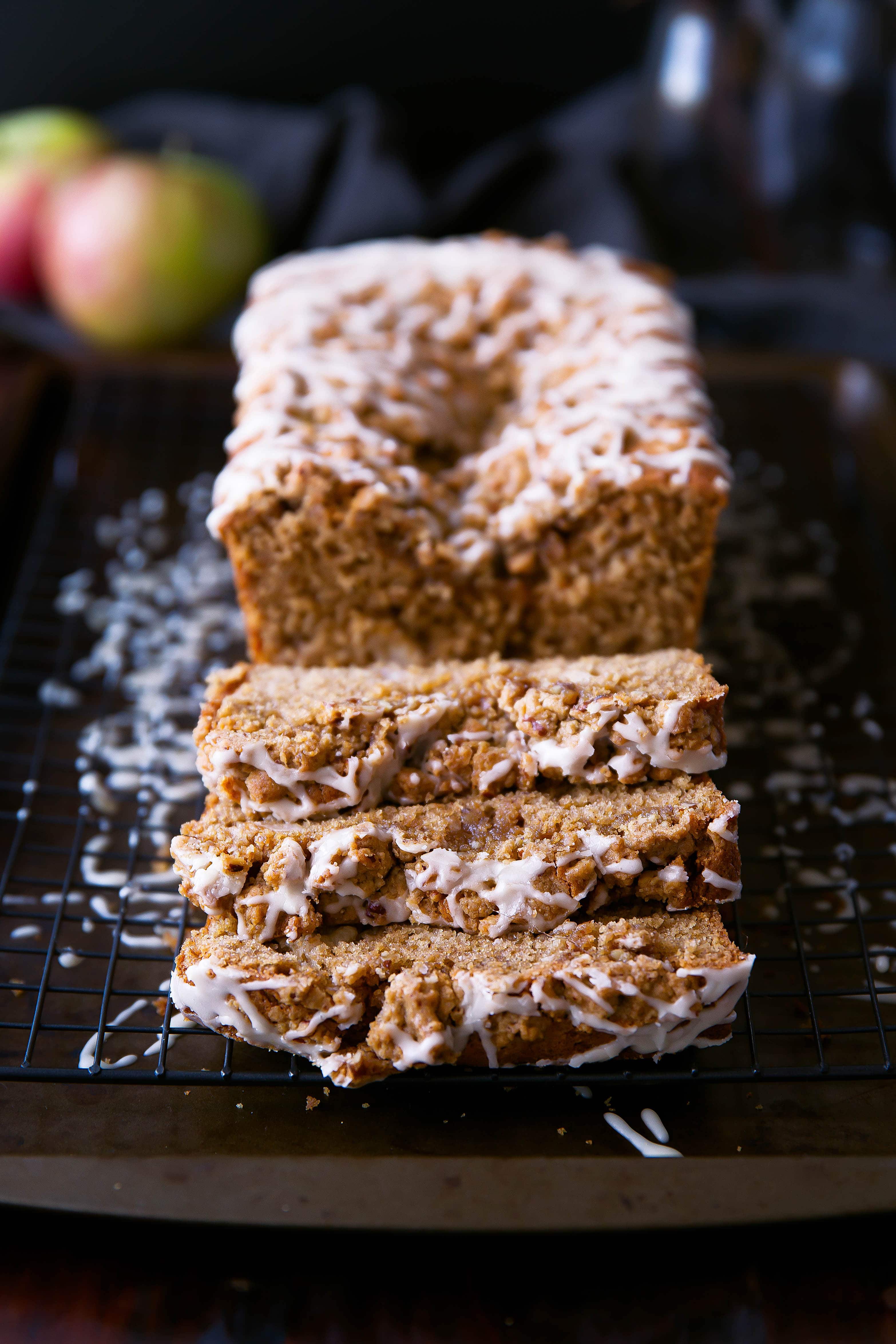 Sour Cream Apple Coffee Cake sliced on rack