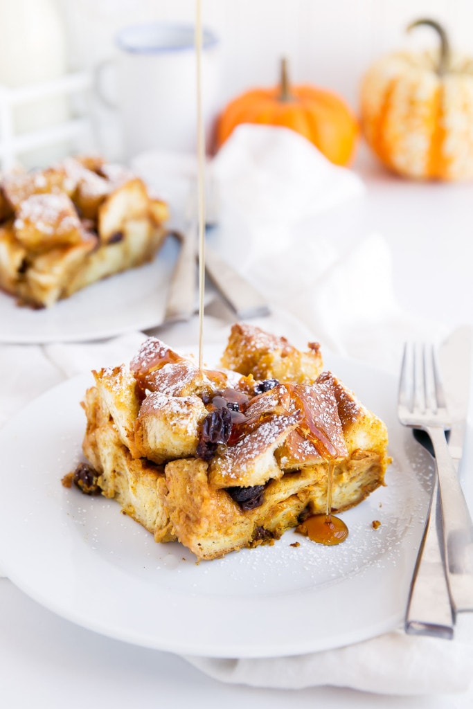 A custard-like overnight french toast bake with challah, raisins, and pumpkin. All the work is done the day before, so in the morning you can enjoy a quick and easy holiday breakfast!