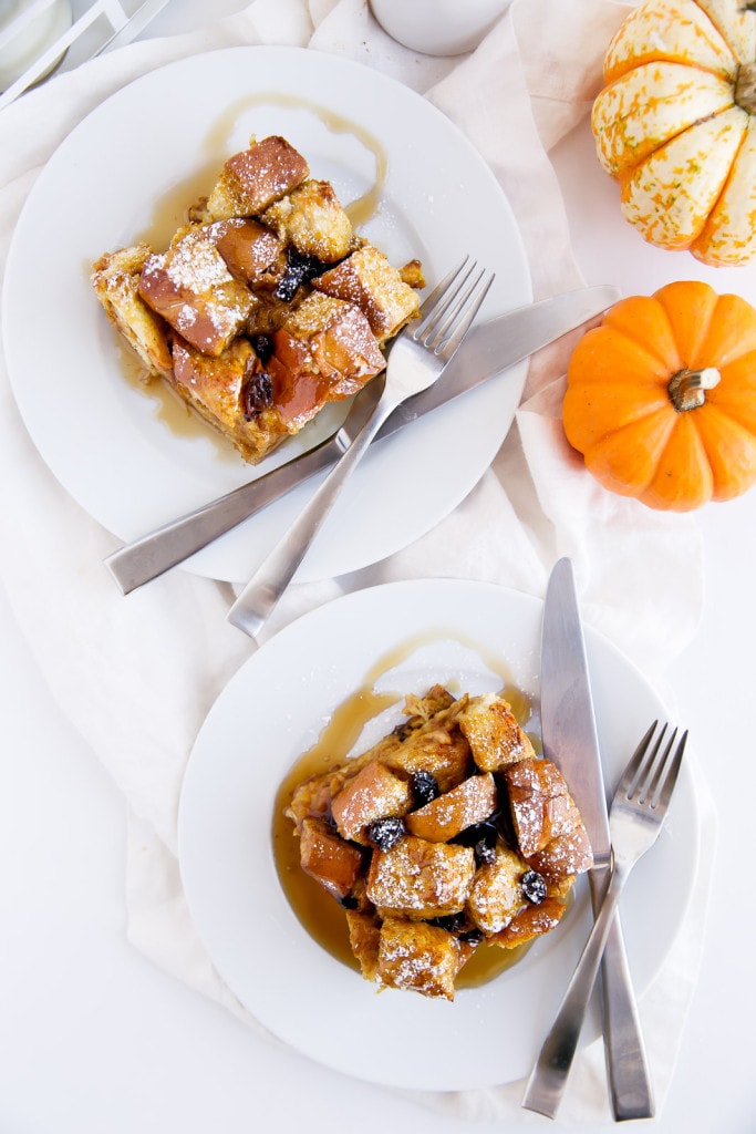 A custard-like overnight french toast bake with challah, raisins, and pumpkin. All the work is done the day before, so in the morning you can enjoy a quick and easy holiday breakfast!