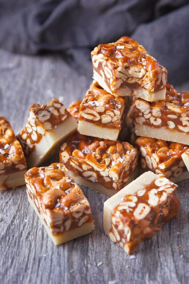 A thick and chewy caramel cashew bar with a cookie-like shortbread crust!
