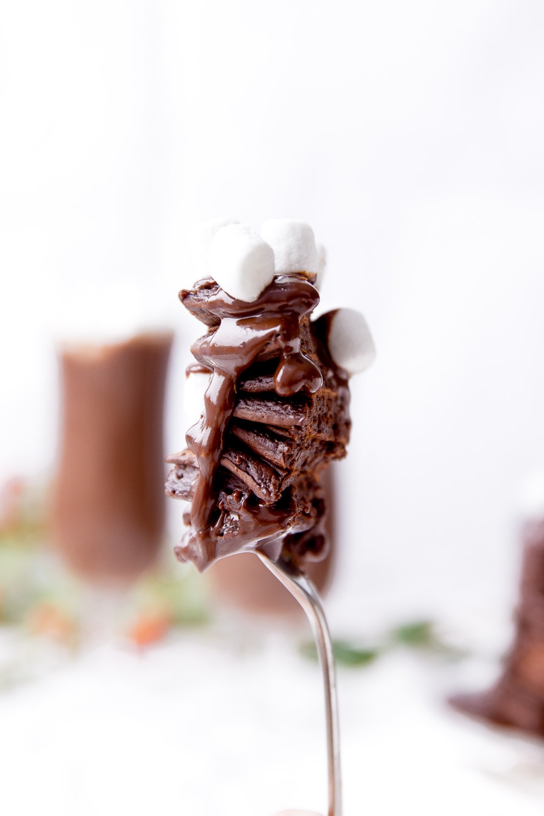 Hot Chocolate Pancake bite on a fork