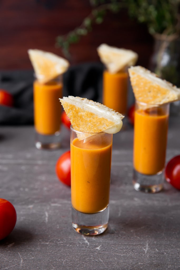 tomato bisque shooters with grilled cheese triangles