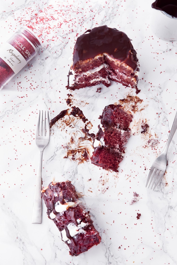 red velvet mug cake on countertop 