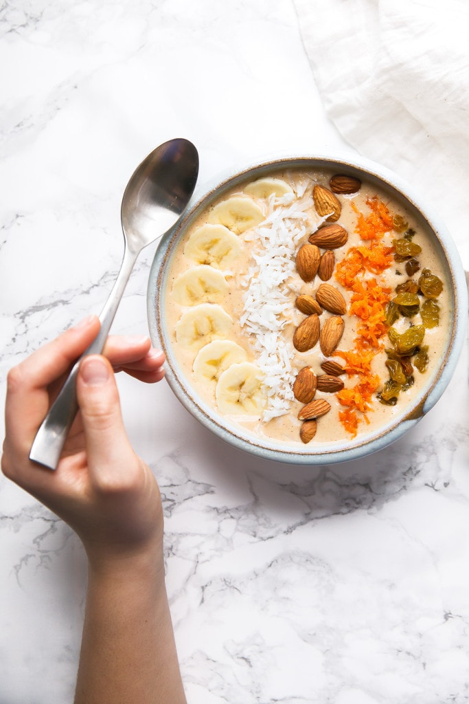 A Carrot Cake Smoothie Bowl that tastes just like a slice of carrot cake! I can finally have my cake and eat it too...
