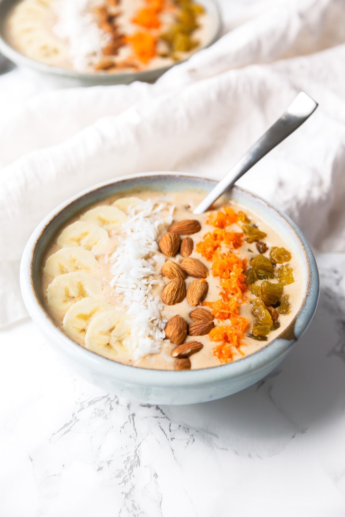 A Carrot Cake Smoothie Bowl that tastes just like a slice of carrot cake! I can finally have my cake and eat it too...
