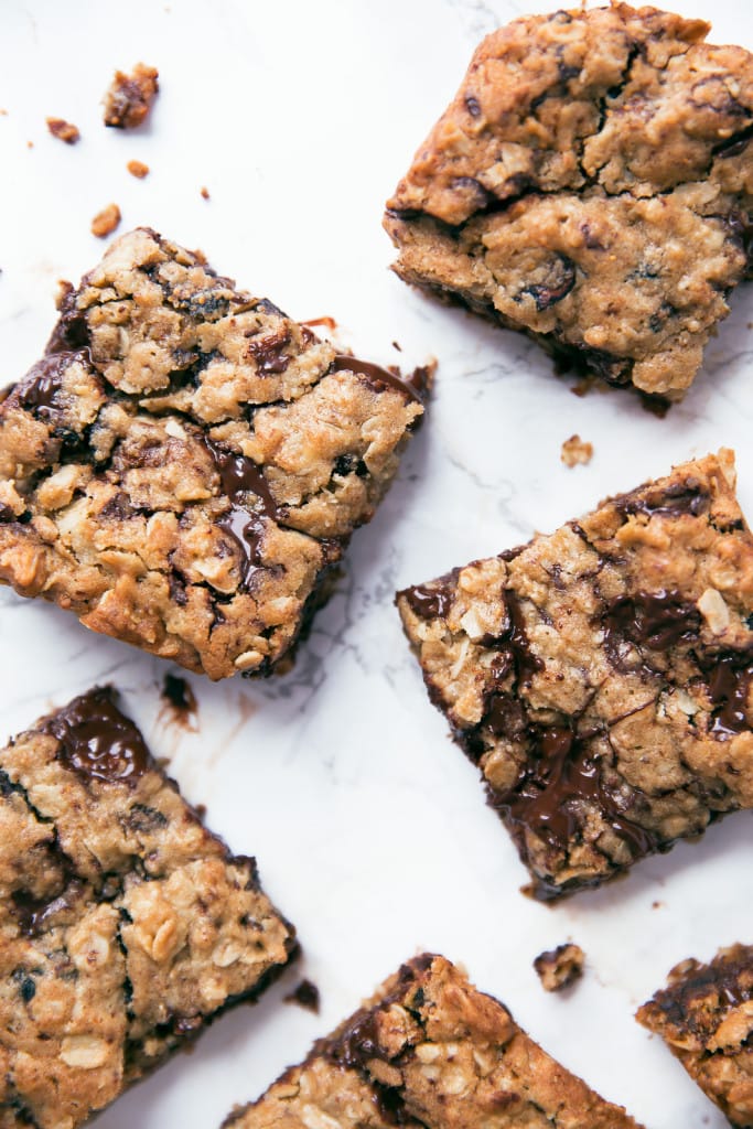 Fig and Dark Chocolate Oatmeal Bars on countertop
