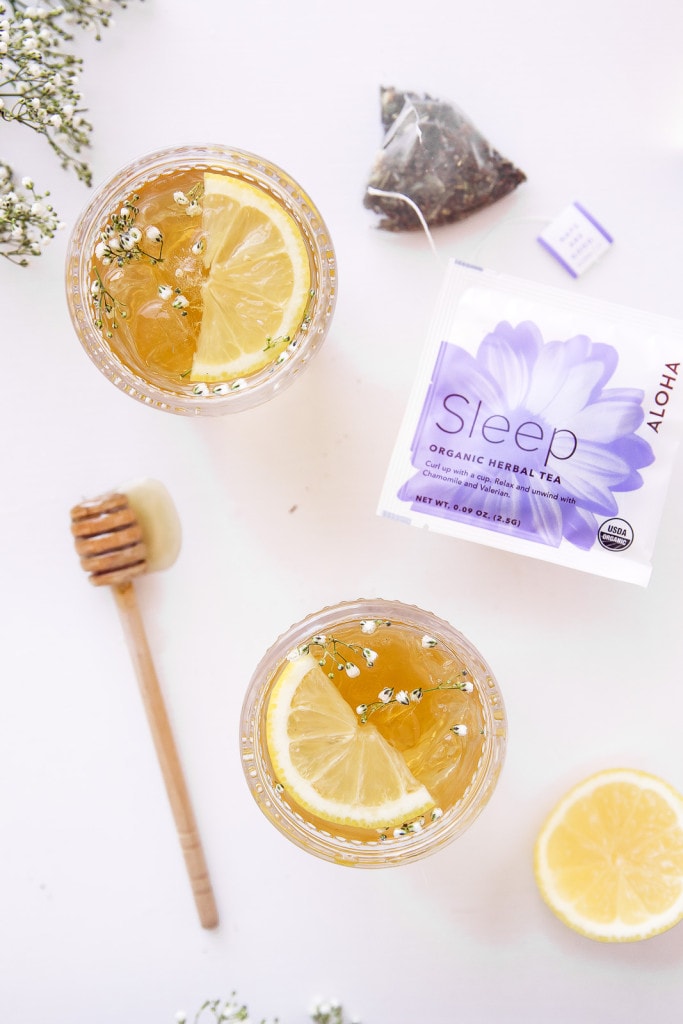 Whiskey and Honey Cocktails next to tea bag