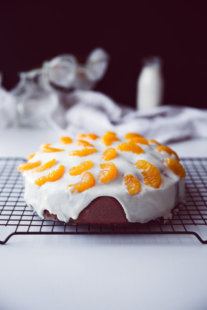 Coconut Lemon Cake with coconut cream icing and mandarin oranges