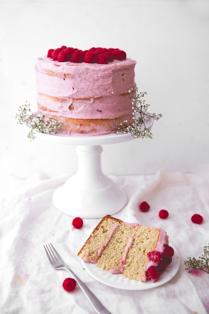 A fluffy banana cake layered with bright raspberry frosting makes for a show stopping springtime dessert.