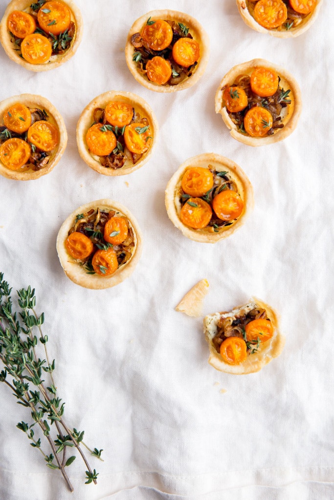 Goat cheese, caramelized shallots, and tomato tartlets