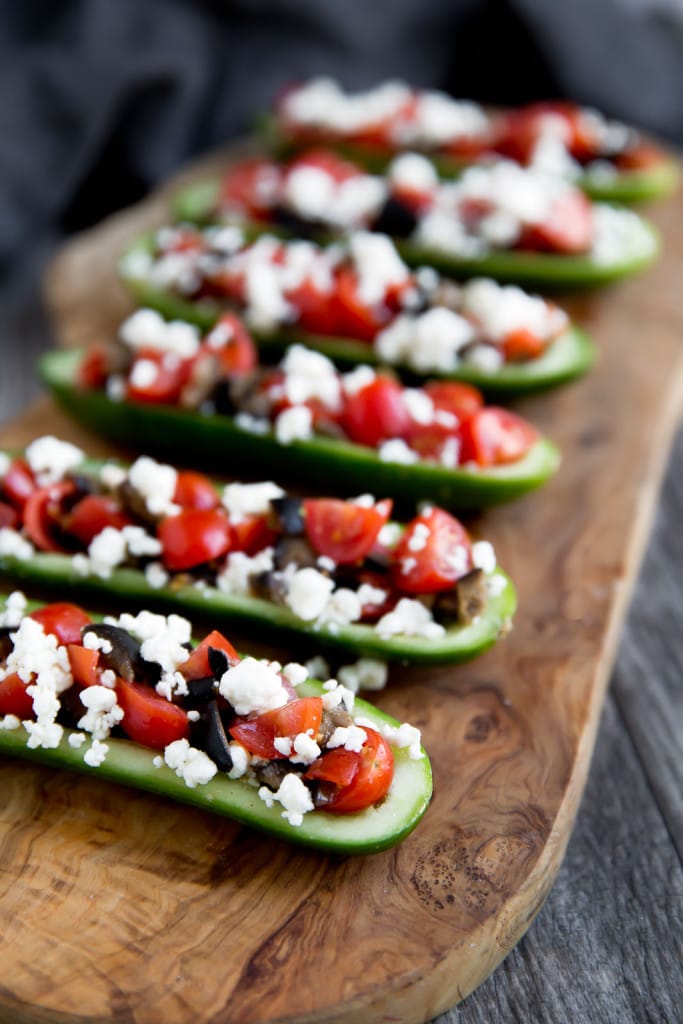 Cucumber boats with kalamata olives, tomatoes, and feta