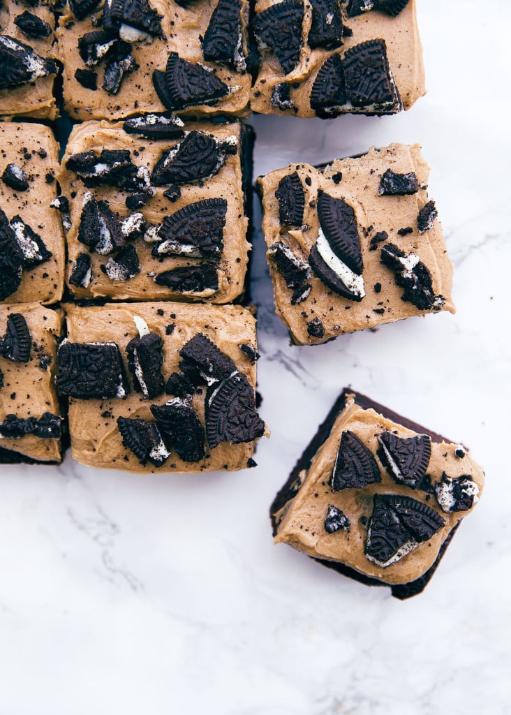 mocha brownies with coffee frosting and crumbled oreos