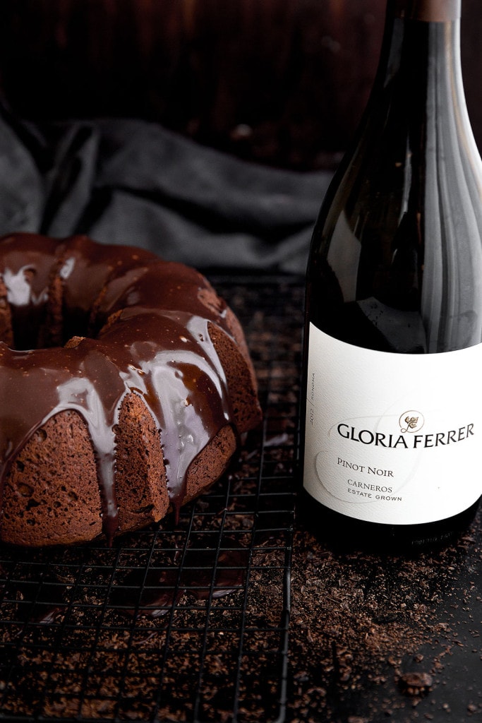 Red wine chocolate cake with wine bottle
