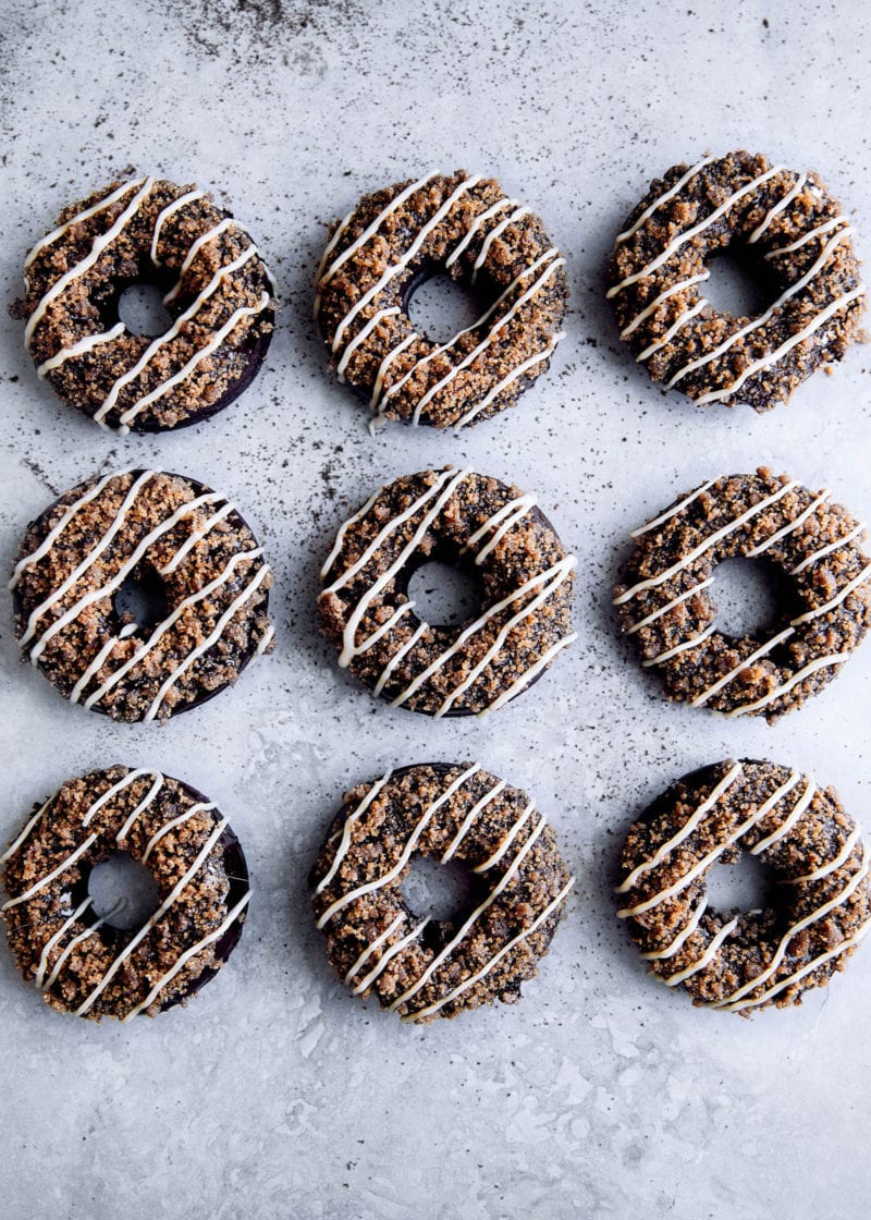 Mocha donuts with chocolate ganache, mocha toffee crunch, and coffee glaze. These babies are just begging to be dipped in your morning coffee.