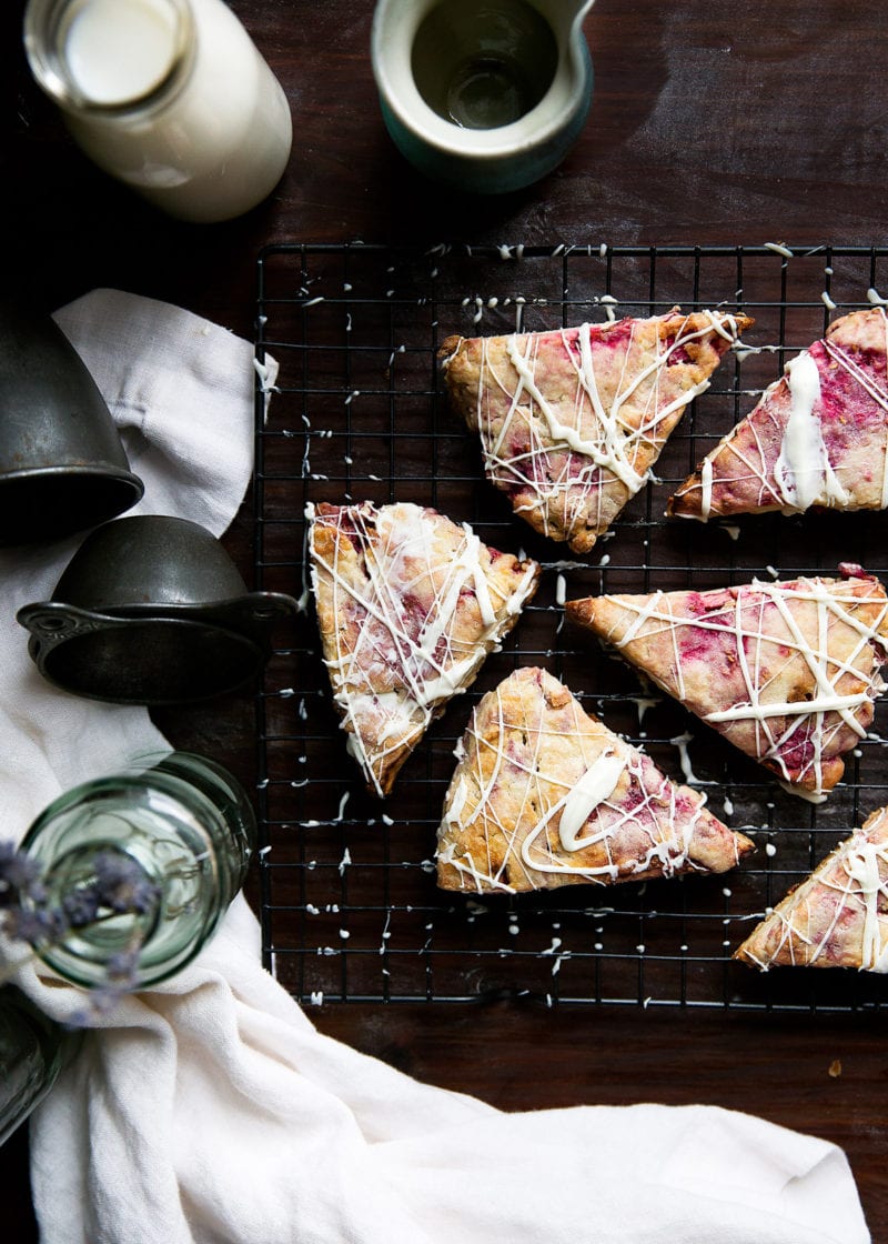 White Chocolate Raspberry Rhubarb Scones on wire rack