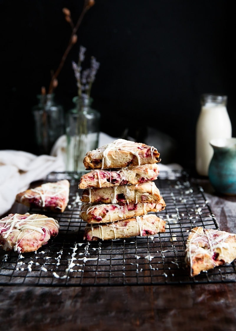 stack of White Chocolate Raspberry Rhubarb Scones on wire rack