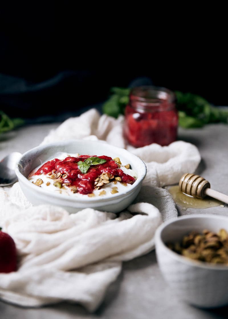 Simple and unique with only a touch of refined sugar, this Strawberry Basil Compote is perfect over yogurt, atop pancakes, or spread onto a piece of toast.