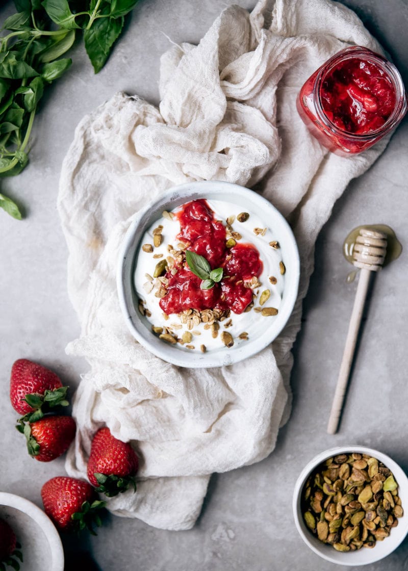 Simple and unique with only a touch of refined sugar, this Strawberry Basil Compote is perfect over yogurt, atop pancakes, or spread onto a piece of toast.