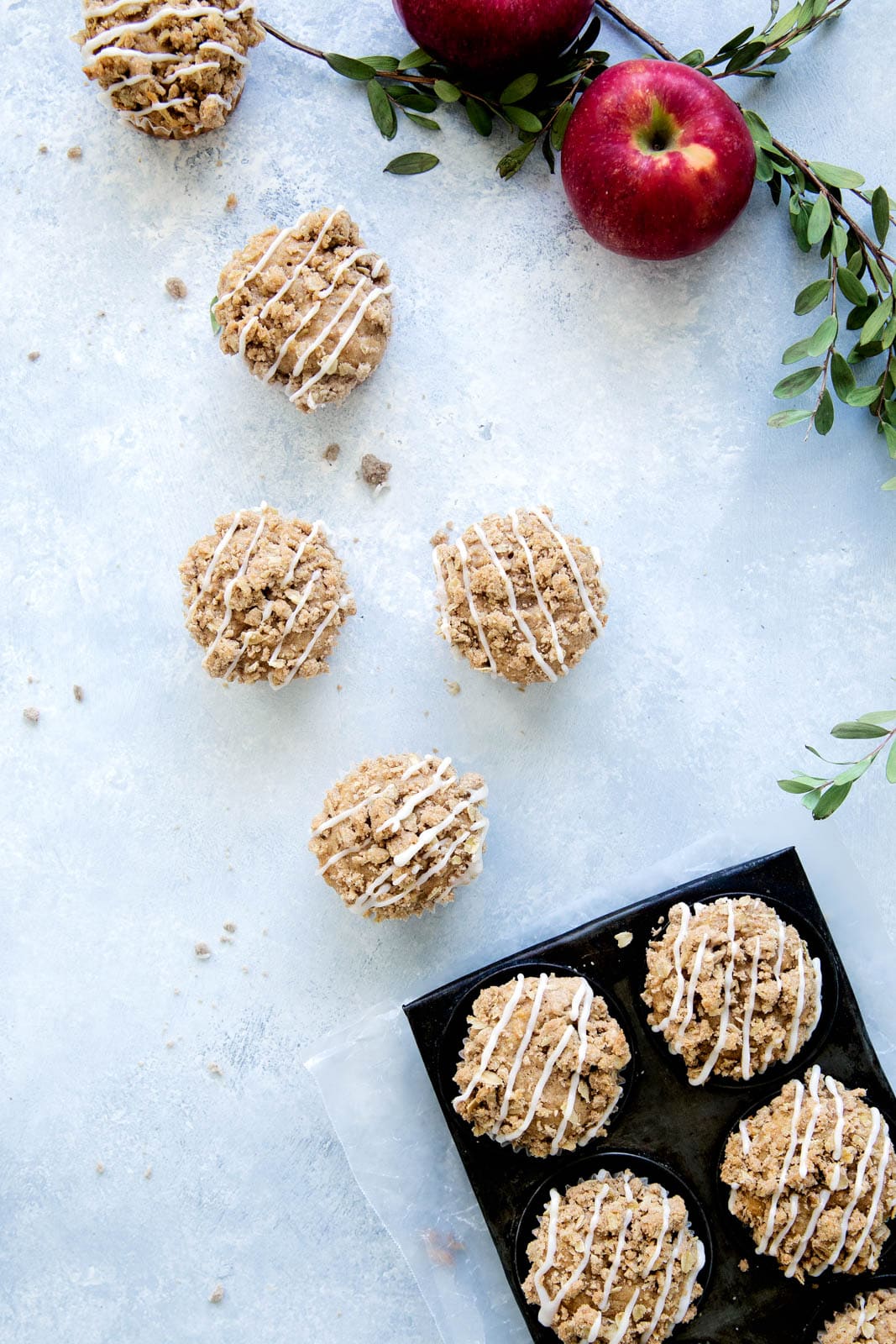 Moist apple muffins topped with a crunchy apple crisp topping. Like, omg.