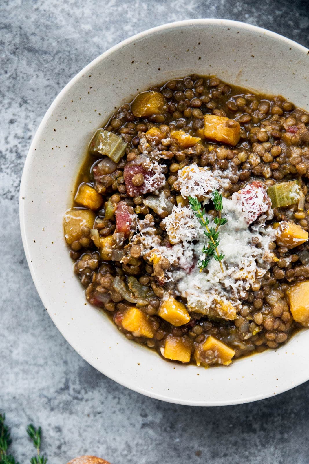 butternut squash lentil stew in a bowl