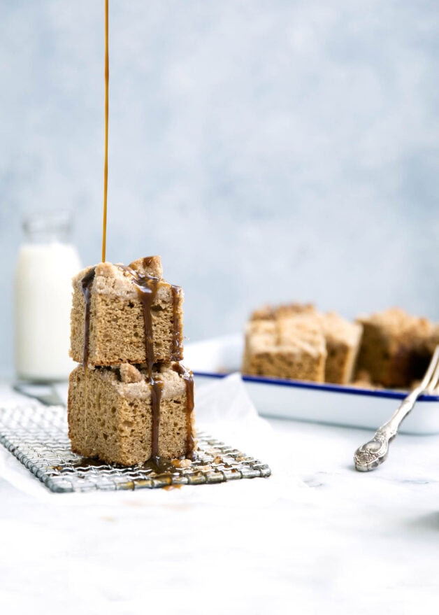 Perfectly spiced and super moist, this Icelandic skyr spice cake is topped with a ridiculously addicting crumb topping and toffee sauce!