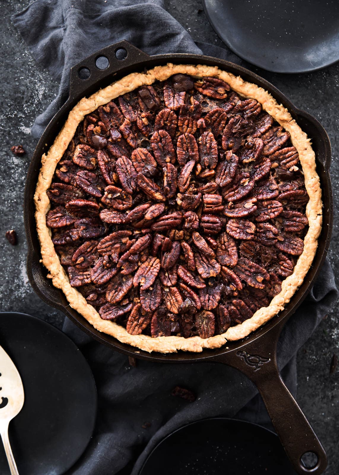 Deep Dish Double Chocolate Pecan Skillet Pie. Thanksgiving will never be the same again.